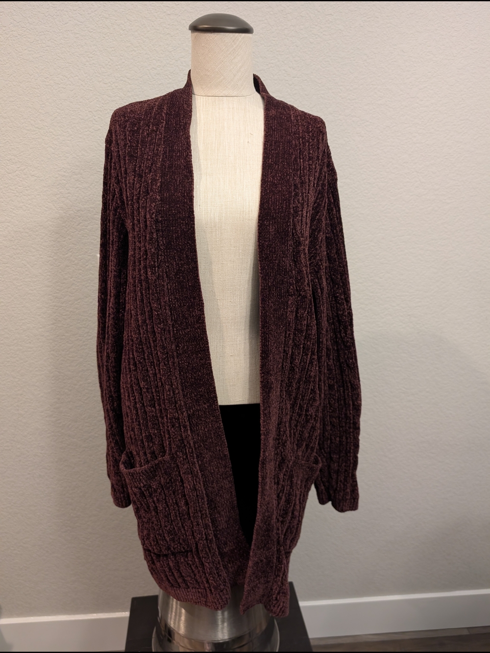 Matty M Women's Sz XL Cozy Open-Front Office Chenille Cardigan - Plum